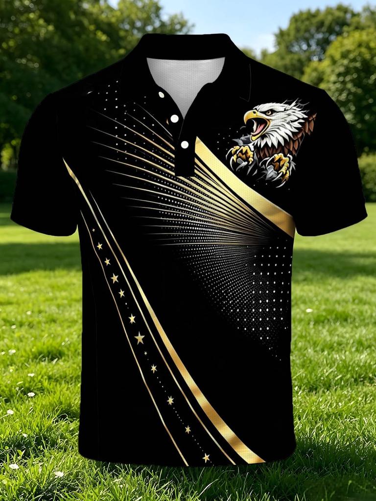 Men'S Outdoor Short-Sleeve Polo Shirt, Multi-Sizes Available, Men'S Short-Sleeve Polo, Black Background with Eagle And Golden Line Star Print,