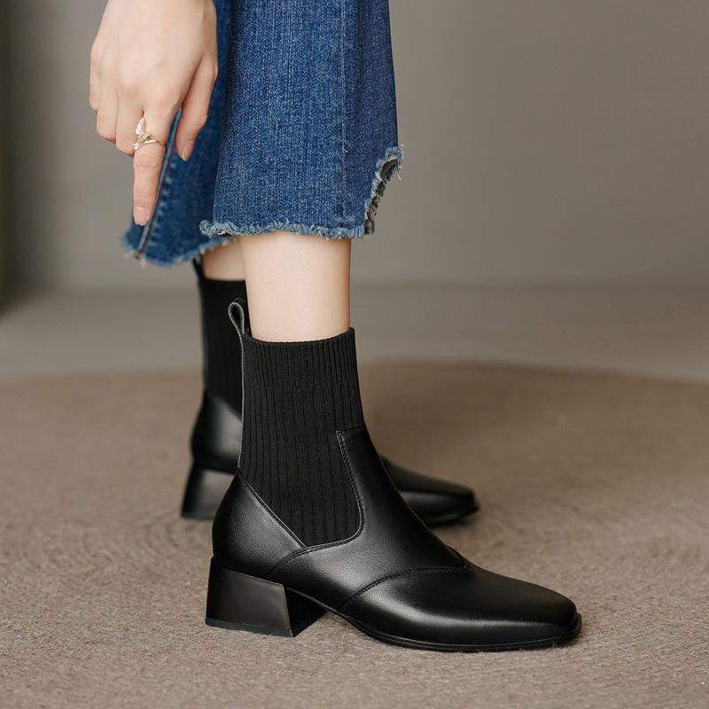 Knitted Sleeve Elastic Skinny Socks Boots Retro Square Head Thick Medium Heel Short Boots Women's Autumn, Winter and Naked Boots