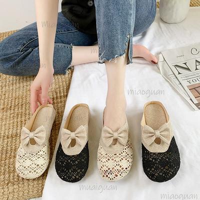 Hausschuhe für Damen Sommer 2025 Atmungsaktives Mesh Baumwollstoffbezug Zehenschieber Indoor Slipper Pantoletten Lässige Ballerinas Zapatos De Mujer