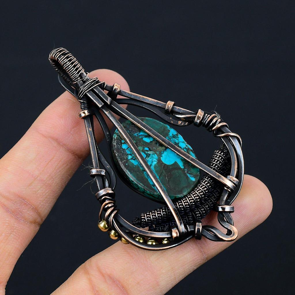 Tibetan Turquoise Gemstone Pure Copper Wire Wrapped Designer Handmade Pendant Jewelry For Her