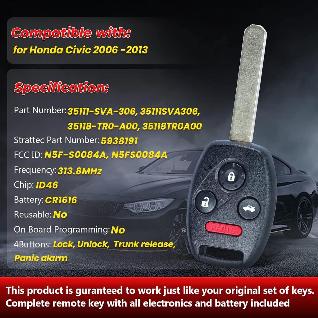 Key Fob Replacement for Honda Civic 2006 2007 2008 2009 2010 2011 2012 2013 N5F-S0084A Keyless Entry Remote Control Car Key 4 Buttons 313.8Mhz ID46