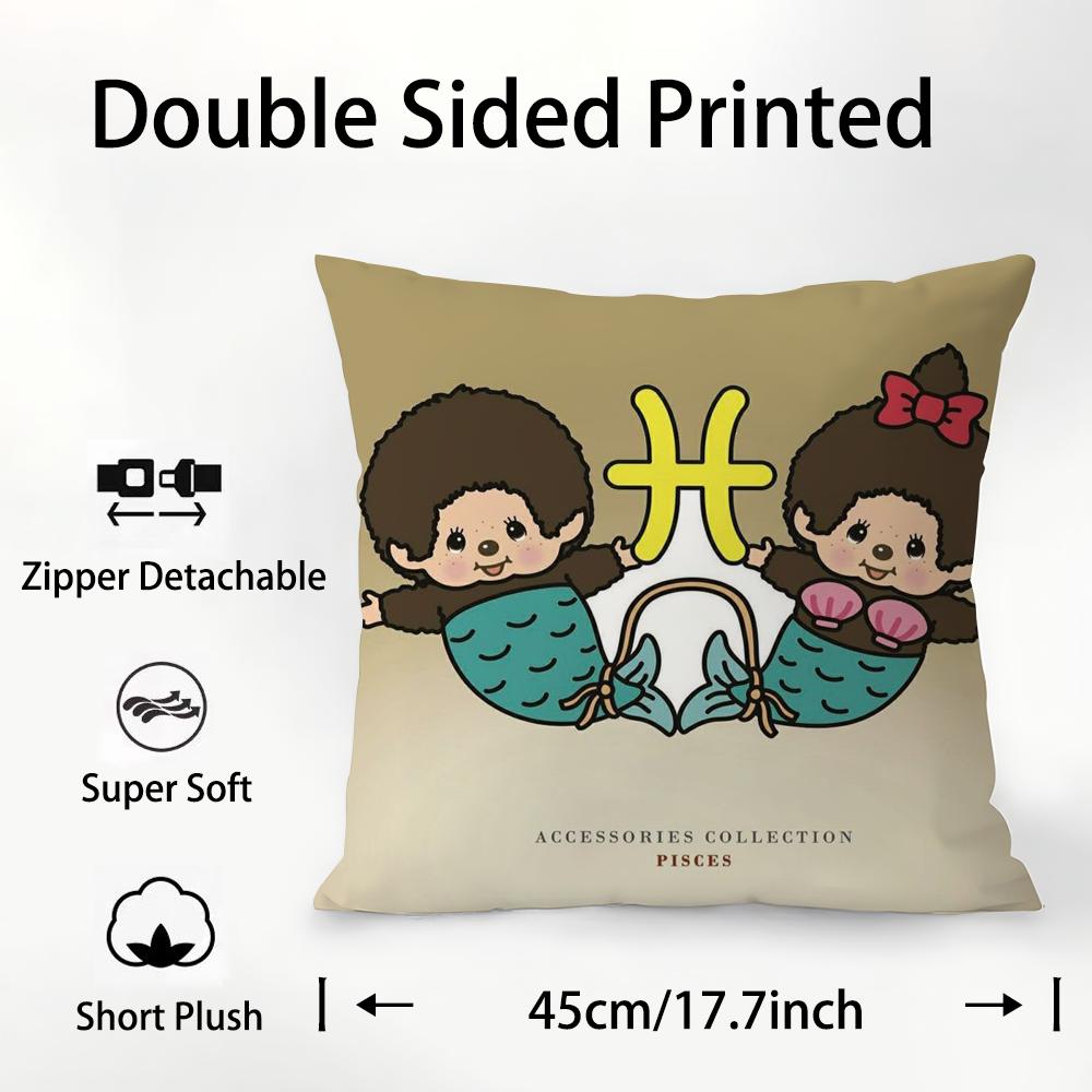 

Cartoon M-Monchhichis Pillow Case Plush Fabric Soft Double Sided Print Sofa Cushion Cover Throw Pillow Covers 16x16Inch