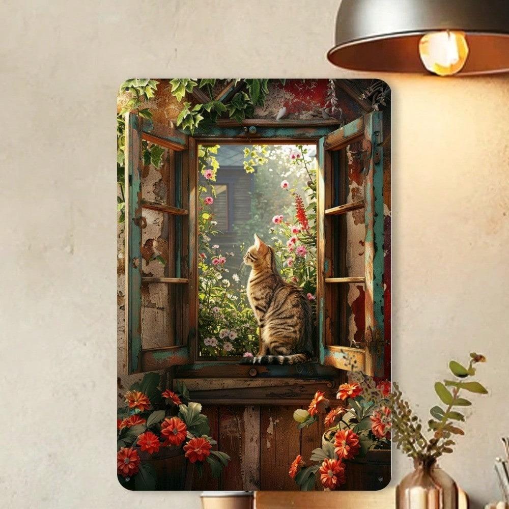 Plechové nástěnné umění Vintage kočka na parapetu Kovový znak 8x12 palců Domácí dekorace do obývacího pokoje Ložnice Baru