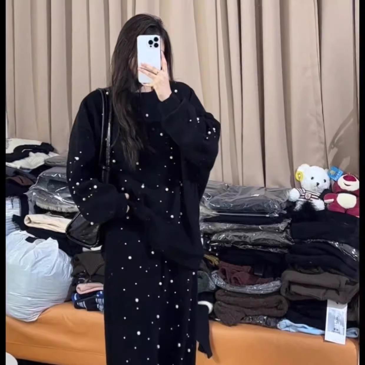 

Весняно-осінній світшот з бісером і довгими рукавами великих розмірів, прямі брючні костюми з високою талією на резинці 2XL