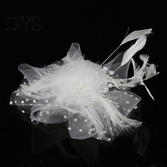 Pillbox Hat Imitation Pearls Decor Sweet Fascinator with Headband Faux Bridal Headwear Feather Flower Mesh Shape Party Headgear Photograph Props