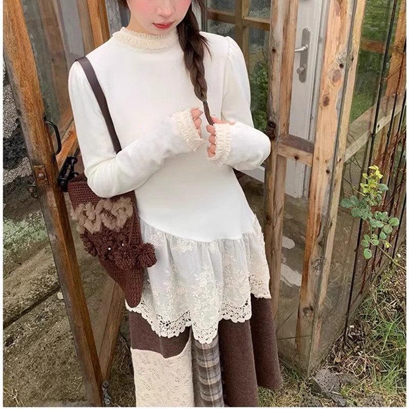 Early Spring Lace Patchwork Mid-Length Ruffle Base Layer Top L бежевый