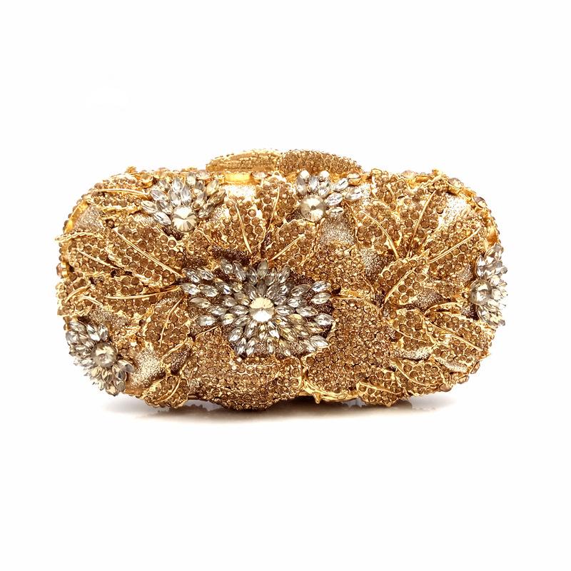 Floral Women Crystal Rhinestone Evening Bags Black Diamond Clutch Bag Wedding Bridal Clutches Gold Metal Handbag Purse Bags