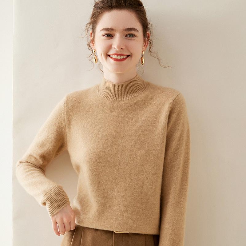 Women's Slim-Fit Half-High Neck Warm Cashmere Knitted Sweater Pullover - Versatile Autumn/Winter Wear