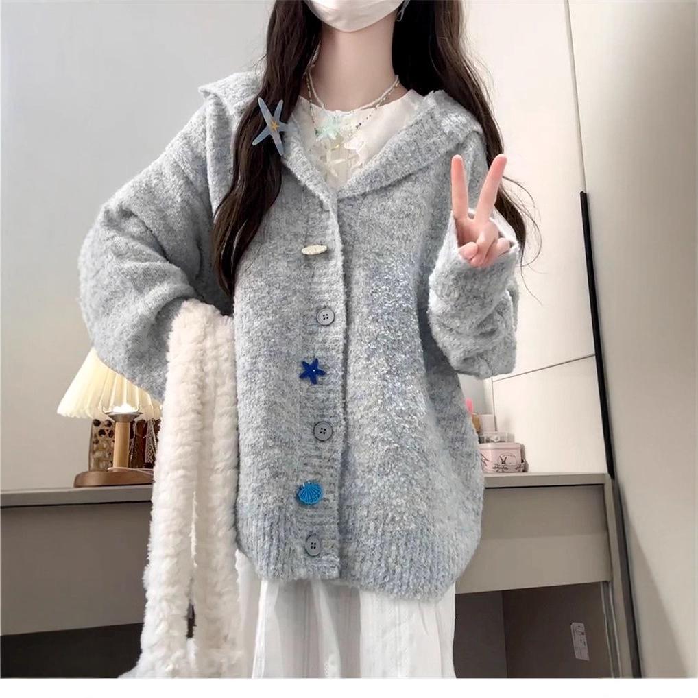 Women's Gray Knitted Hooded Cardigan - New Spring/Autumn Petite High-End Sweater Coat