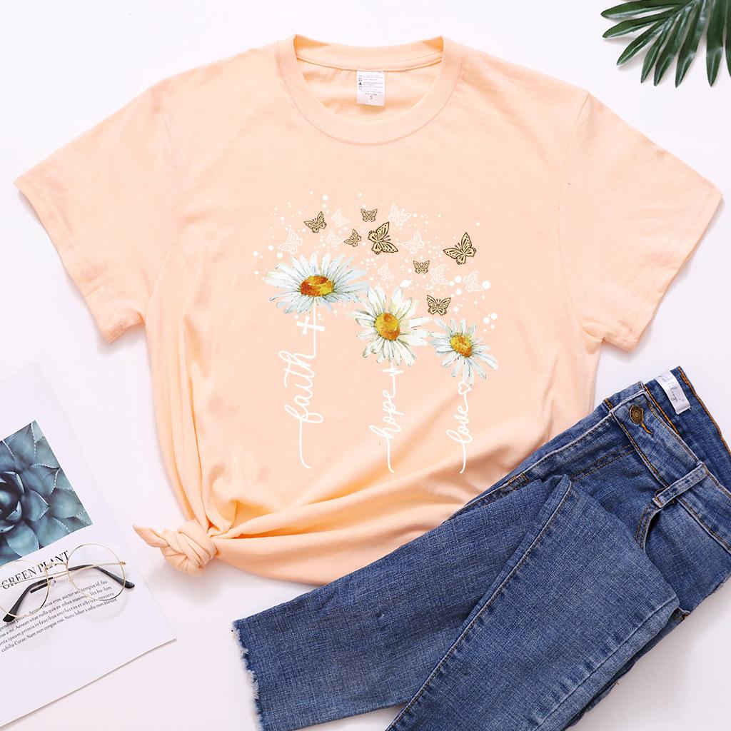 Ležérní tričko s potiskem chryzantémy a motýlů, letní top s krátkým rukávem z čisté bavlny s kulatým výstřihem, dámské