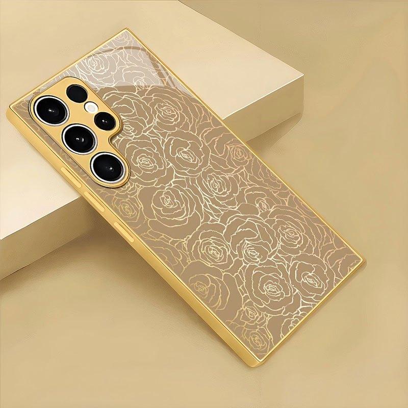 Golden flower patterned glass phone case suitable for Samsung Galaxy S26 S25 S24 S23 S22 S20 FE/Ultra/Plus hard case