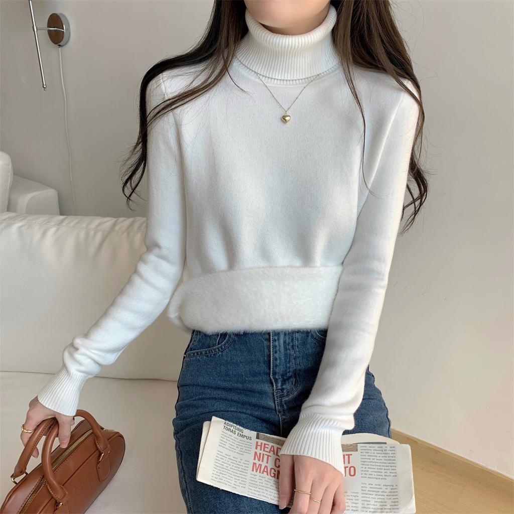 Solid color turtleneck integrated fleece thickened inner top women's winter simple basic knitted bottoming shirt soft waxy sweater