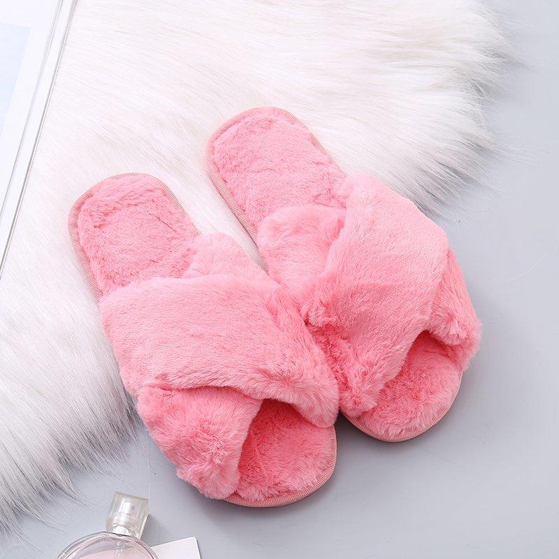 Winter New Women Slippers Faux Fur Cross Fluffy Flat Slippers Women's Home Floor Flip Flops Fashion Plush Warm Slippers WSH3748