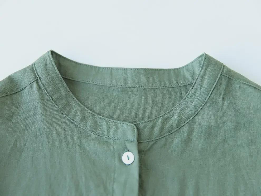 Japanese Style Stand-Up Collar Linen Shirt Dress - Loose Fit