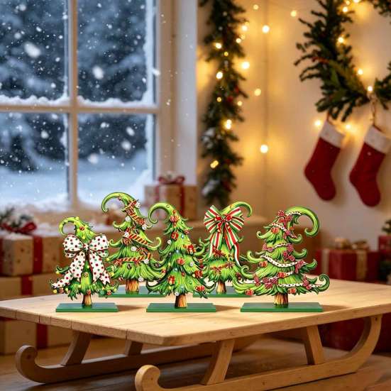 Tiered Tray Christmas Decor 5 Pcs Wooden Tabletop Tree Signs, Rustic Standing Green Craft Ornaments Desktop Ornament with Curly Topper for Winter