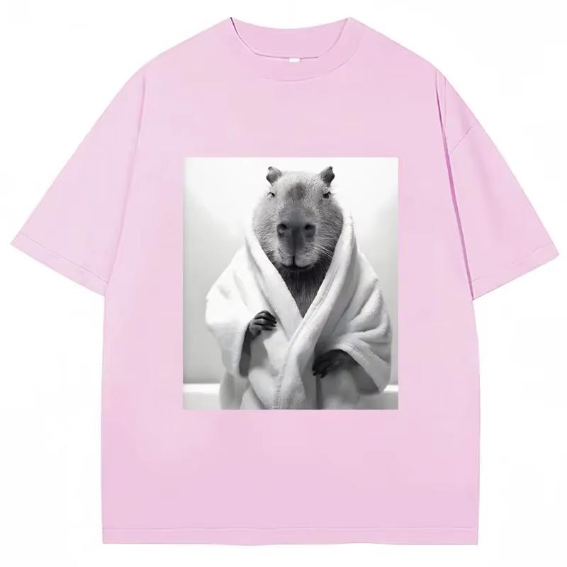 Funny Capybara in Bathrobe Print T Shirts Creativity Popular Summer Short Sleeve Cotton  Casual Tees Unisex Streetwear