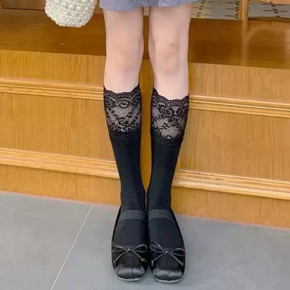 1Pair Lace Edge Knee-high Socks Solid Color Foot Warmers Fashion Calf Socks Girl