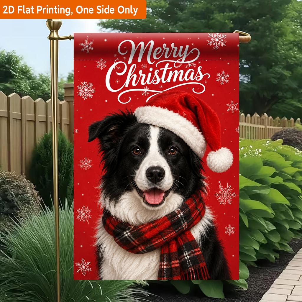2D Flat, 2D Flat Printing Garden Flag 1pc, Christmas Dog Wearing Santa Hat Durable Single-Sided Print Yard Flag, Garden & Home Holiday Decoration, 29.