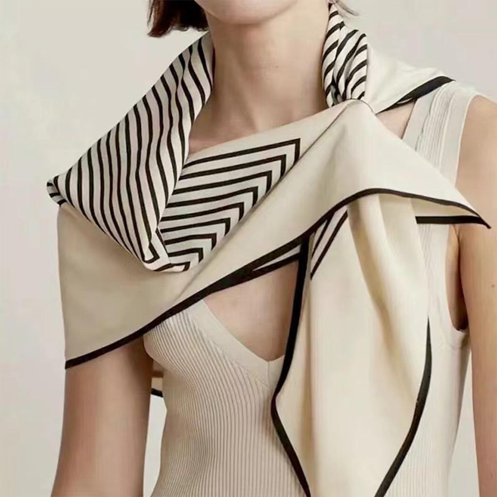 Nordic style tot silk double crepe square scarf niche simple black and white striped silk scarf