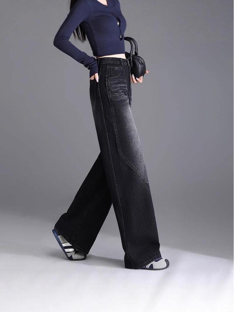 Women's High Waist Velvet Straight Leg Jeans - 2025 Trendy Narrow-Wide Pants for Autumn & Winter
