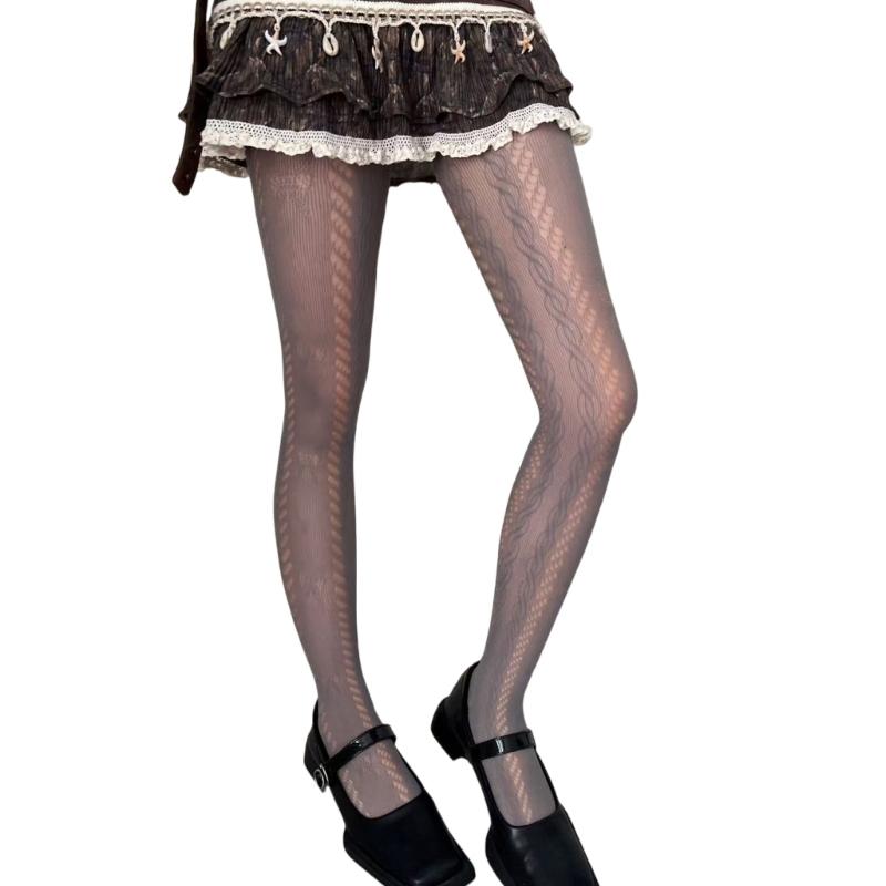 Bowknot Twist Stripe Jacquard Sheer Pantyhose With Breathable Lace Design Solid Color Hollowout Fishnet Tights for Women