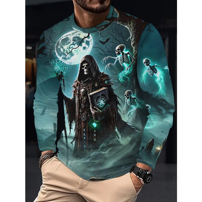 Men Long Sleeve T‑Shirt Necromancer Wizard Moon Skeleton 3D Print Gothic Halloween Street Casual Top