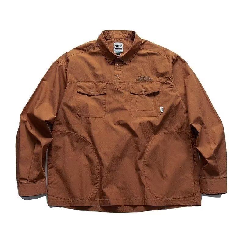 Japanese Retro Simple Letter Embroidered Shirt Men's Long Sleeve Lapel Multi-Pocket Casual Shirt Spring and Autumn Coat