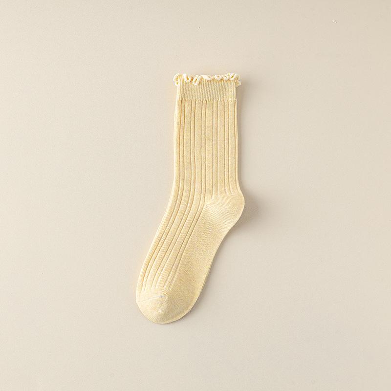 Boneless Socks, Women's Summer Breathable Cotton Socks, Solid Color Mid-calf Socks, Black Fungus Lace, Spring and Autumn Pile Socks