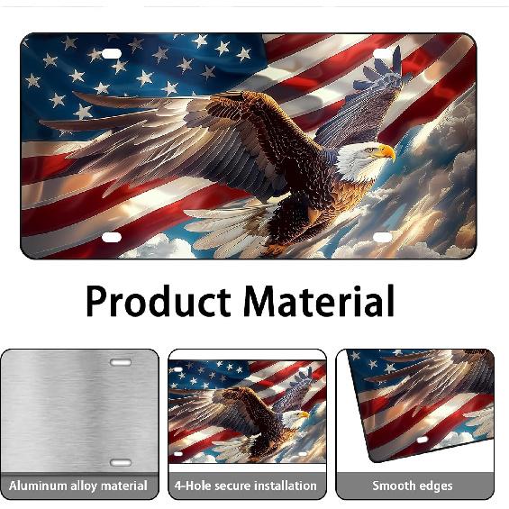 Front License Plate Cover - License Plate With American Flag & Eagle, Aluminum Decorative License Plates, Patriotic Novelty Vanity Tag, Car Decor