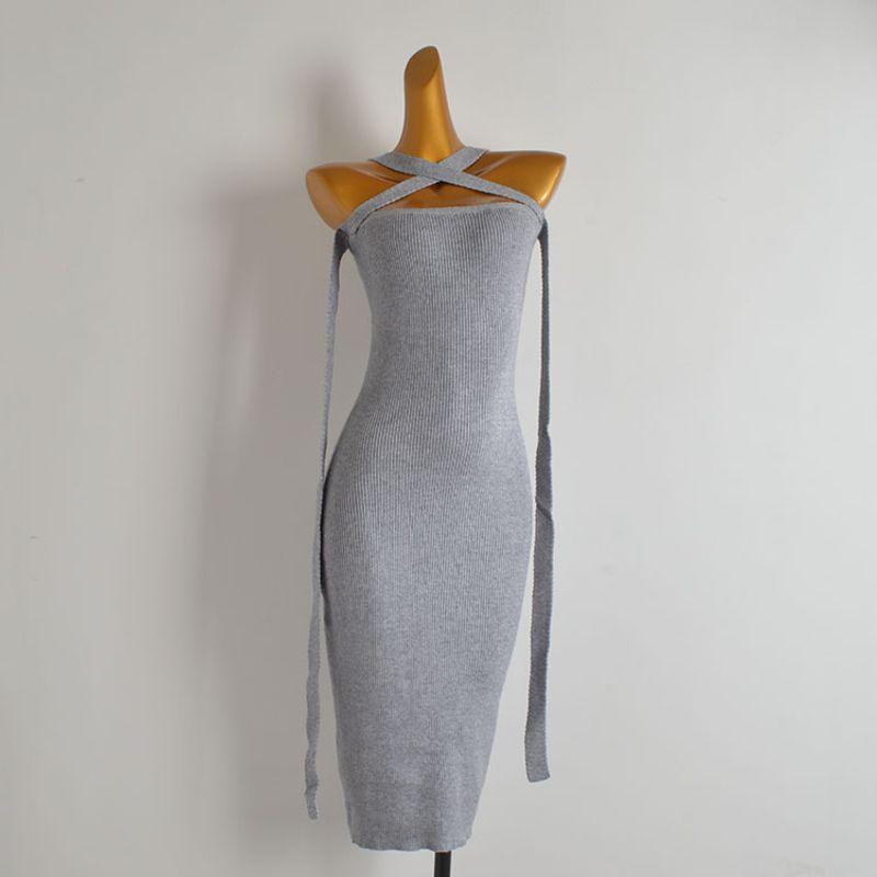 

Fashion Style Sexy Sexy Halter Double-Sided Rope Knitting Dress Women s Clothing Silm Mid Length Long Length Bodycon Dress Gray One size