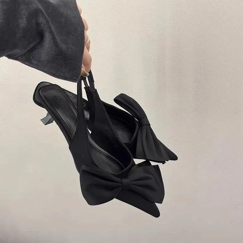 Elegant Silver Side Bowknot Slingback Sandals Woman Chic Point Toe Kitten Heel Stiletto Pumps Ladies Eveing Party Dress Shoes