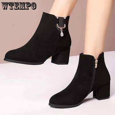 Women Leather Boots Faux Suede Frosted Skin Short Cylinder High-heeled Round Head Water Drill Side Zipper Thick Heel Antiskid Commuter Shoes Soft Sole