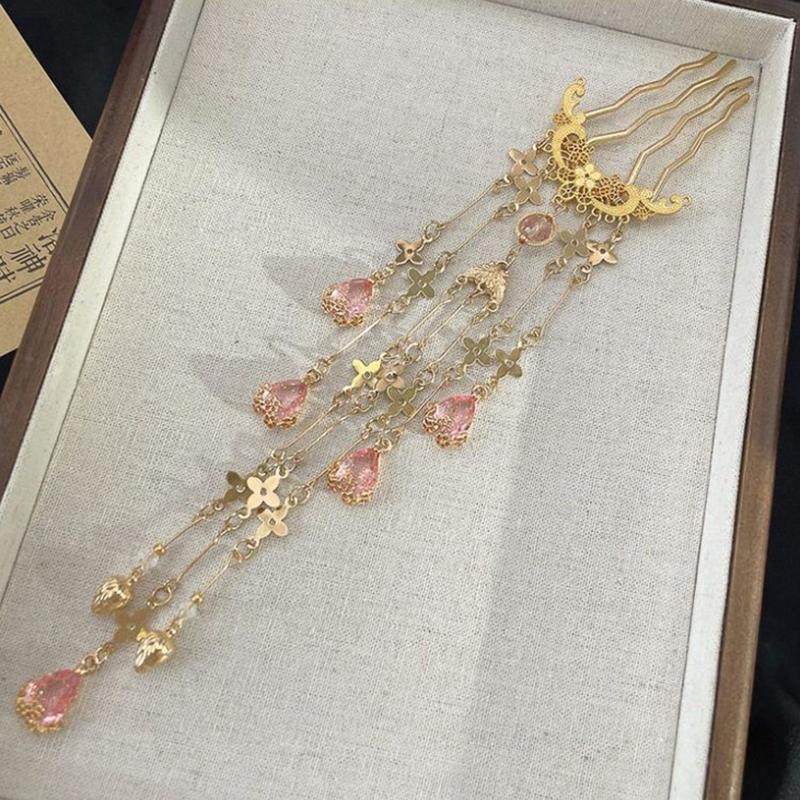 Chinese Hanfu Hair Accessories For Women Floral Tassel Hair Forks Traditional Bride Hairpin Vintage Headdress