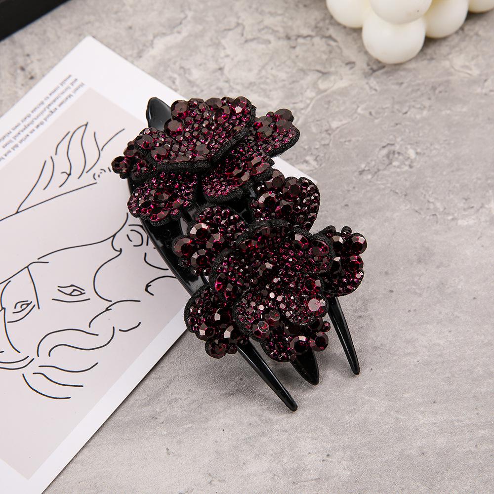 Elegant Full Rhinestone Floral Women's Retro Vertical Hair Clip – Non-slip Updo Ponytail Accessory