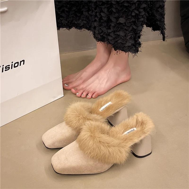 Fashion Home Furry Fur Slides Plush Slippers Fluffy Flip Flops Luxury High-heeled Shoes Women Fashion Shoe 2025 Zapato De Mujer Designer