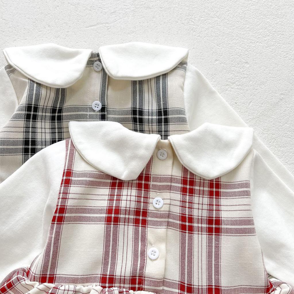 Baby Clothes Long Sleeve One Piece Dress Romper Checkered Layered Baby Newborn Girl Room Wear Cute Cotton Soft [SLINX] (Red, 73)