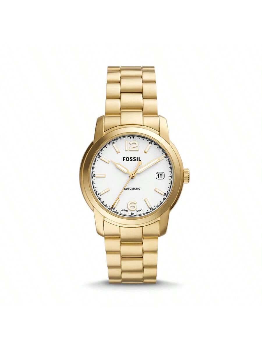 Женские автоматические часы Fossil Heritage Fashion ME3226, Золотой браслет из нержавеющей стали и белый циферблат 38 мм, Декор для повседневной одежды, Подарок для женщин белый