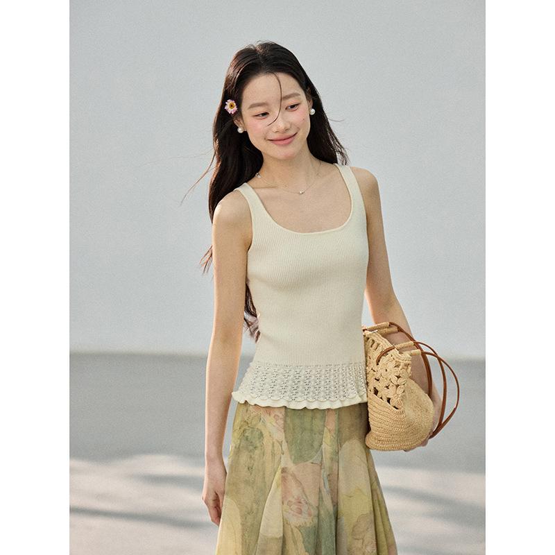 [] Korean Summer New Product Hem Hollow Knitted Crew Neck Vest Commuter Daily Top Women BN