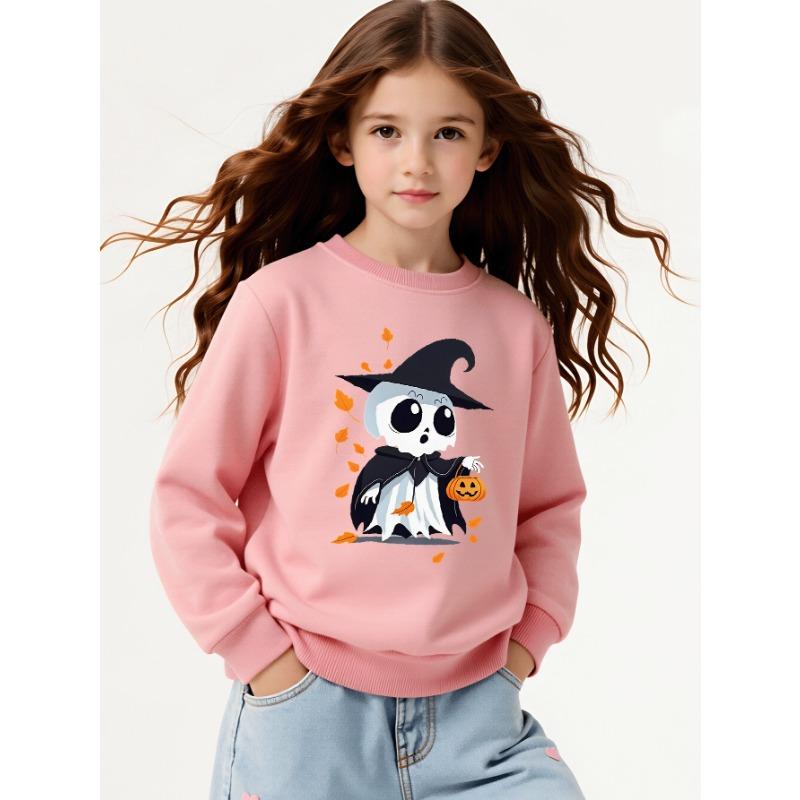 European Sizes Girls' Halloween Long-Sleeve Round-Neck Fun Print Casual Top, Kids' Autumn Clothing, for Trick-or-Treat Parties.