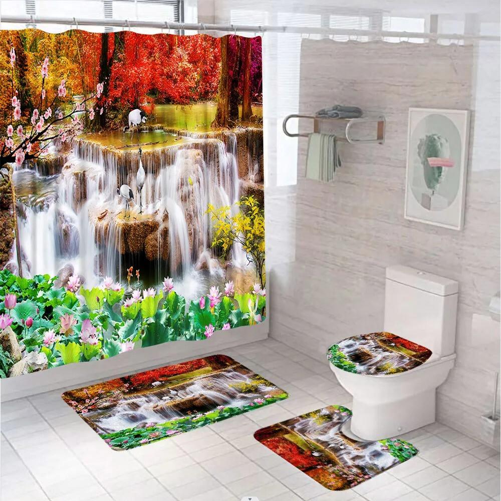 Forest Shower Curtain Set Non-Slip Rug Toilet Lid Cover Bath Mat Maple Leaf Bathroom Curtain Waterproof Natural Scenery Curtains