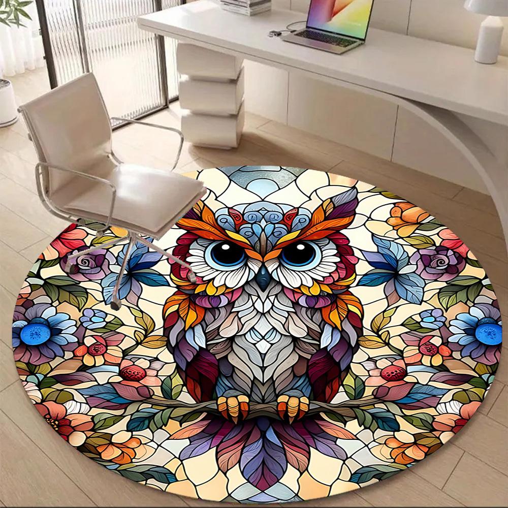 1pc Stained Glass Owl Office Round Area Rug, Indoor Mat Suitable ForOffice, Under Office Chairs Bedroom Living Room Home Decor, Room Deco D149
