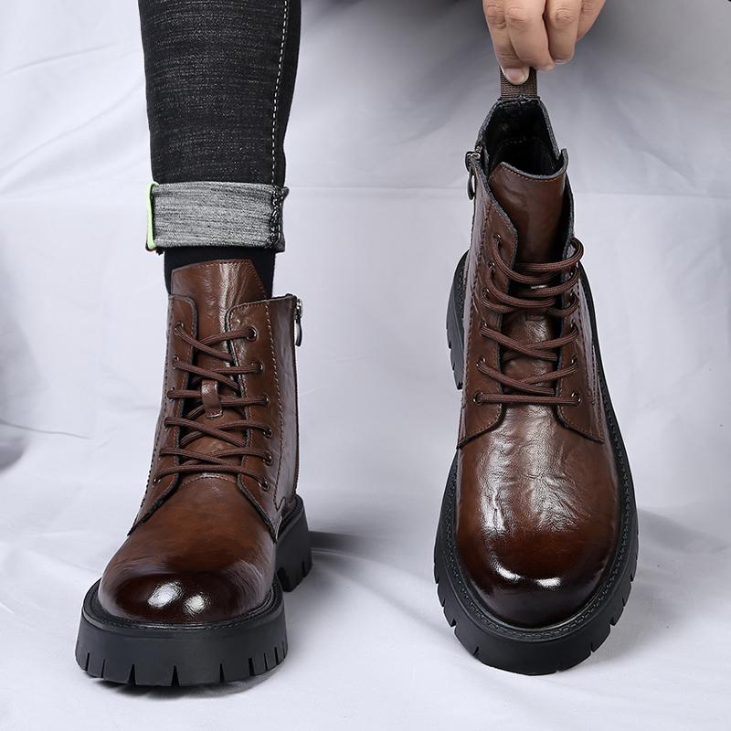 Cizme Casual de Exterior pentru Bărbați din Piele de Vacă, de Lux, Piele Naturală, Vârf Rotund, Stil Britanic, Platformă cu Talpă Groasă, Iarnă, Noi, Calde, Glezniere