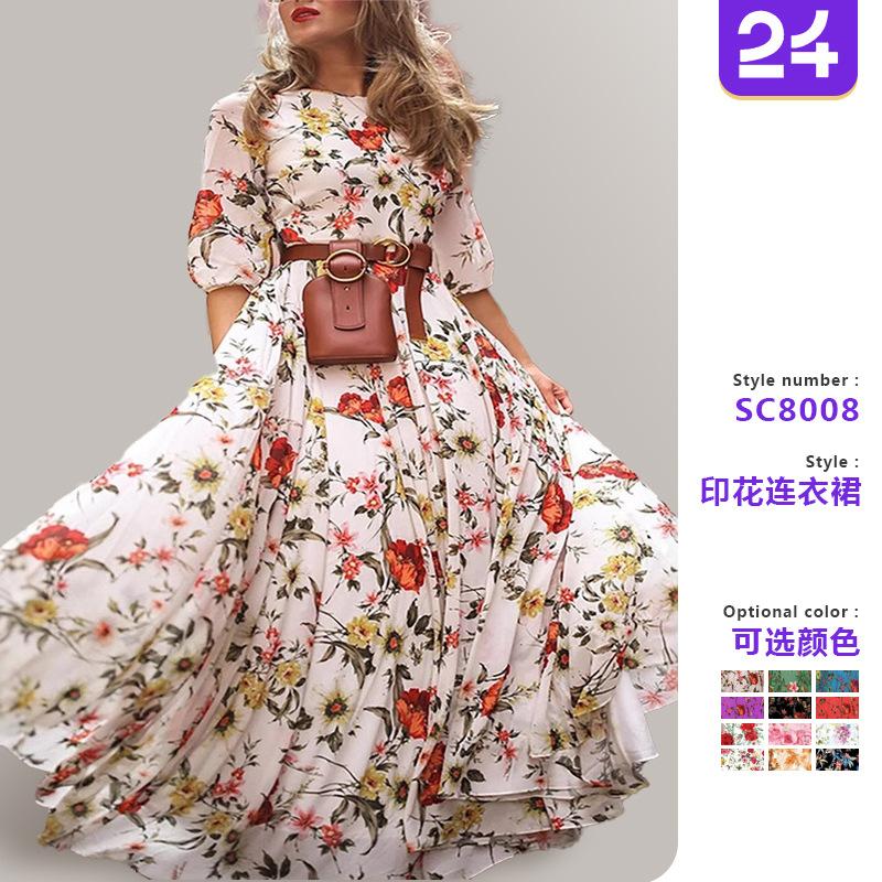 Spring and Autumn New Dress Printed Pendulum Temperament Chiffon Floral Slim Dress