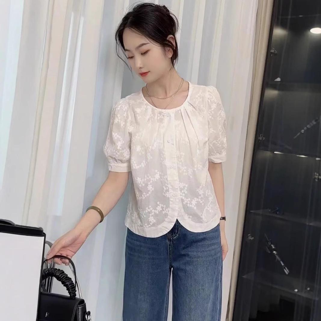 

Women s Short-Sleeve French Top: 2024 Korean Style Embroidered Summer Blouse L