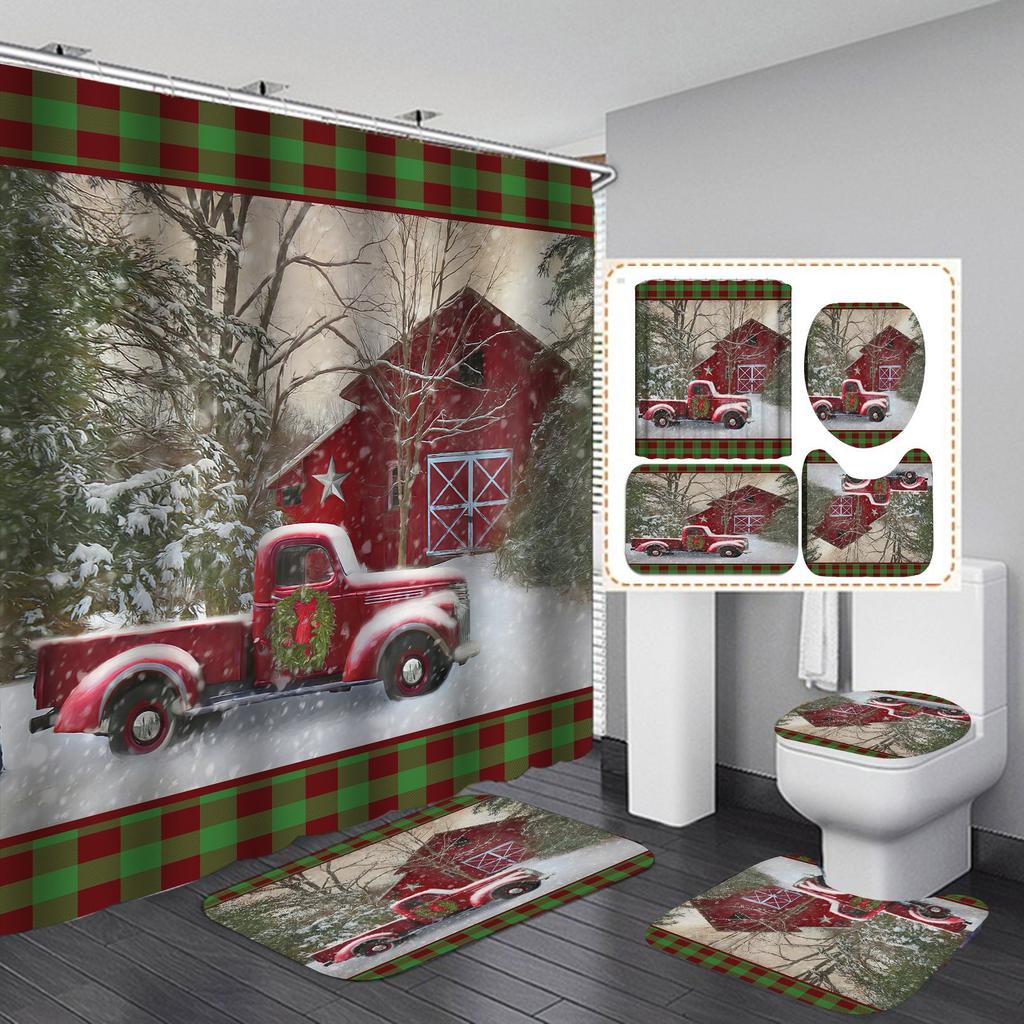 Merry Christmas Bathroom 4Pcs Set Snowman Santa Claus Pattern Waterproof Shower Curtain Toilet Cover Mat Non Slip Rug Home Decor