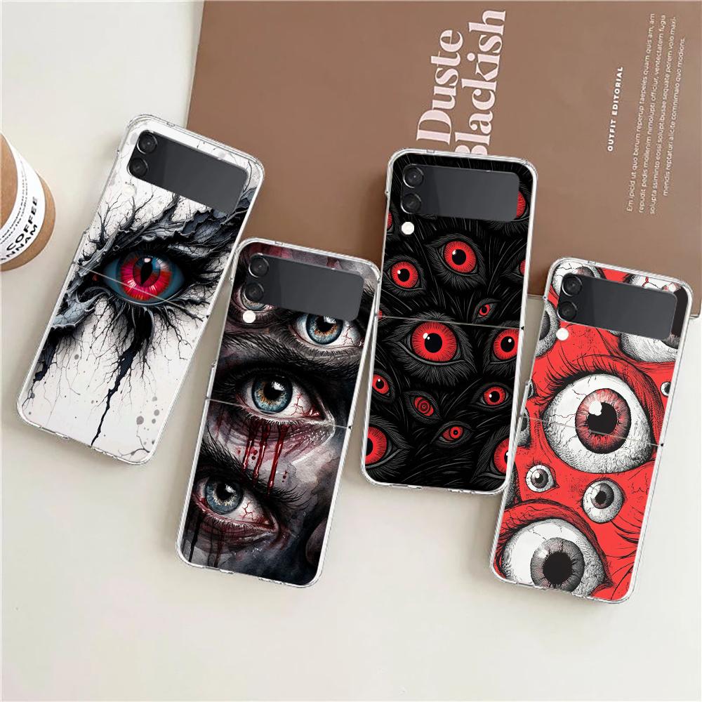 Transparent Phone Case For Samsung Galaxy Z Flip 3 4 5 6 7 Hard Folding PC Z Flip3 Flip4 Cover Scary Devil Eye Pattern