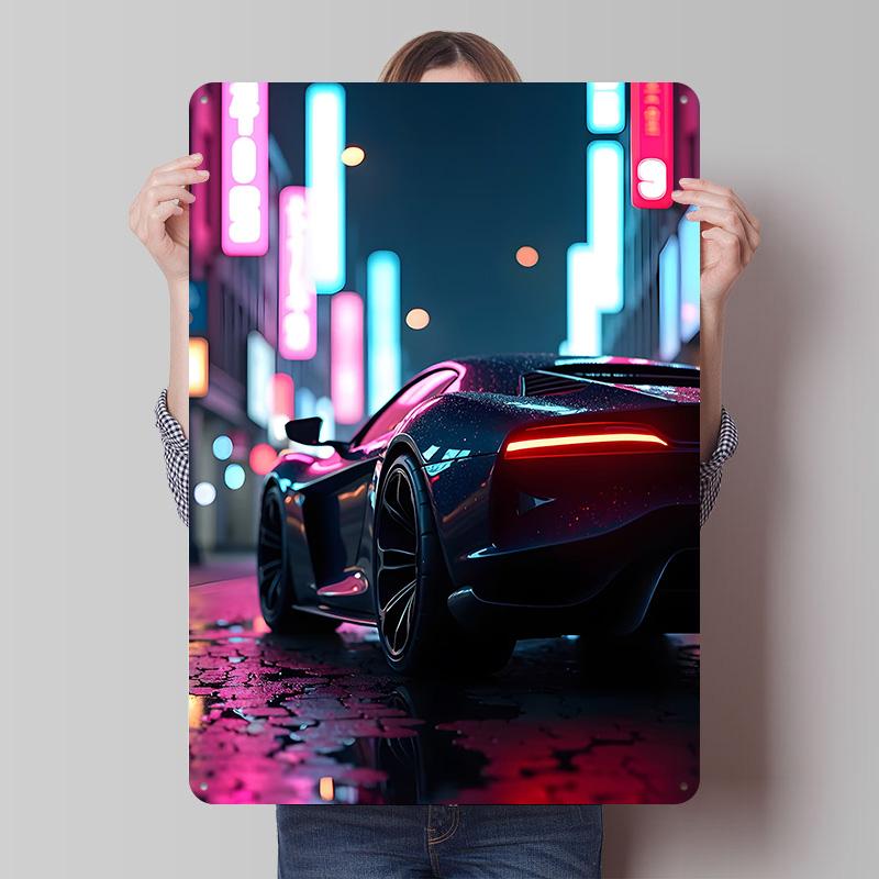 Cyberpunk Car in Neon Cityscape Metal Poster Customized Wall Art Retro Vintage Tinplate Signs for Man Cave Office Decor Room Men