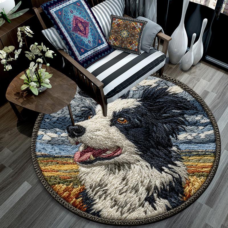 Border Collie Runder Teppich, Teppich für Wohnzimmer Schlafzimmer Sofa Spielzimmer Dekoration, Rutschfeste Bodenmatte