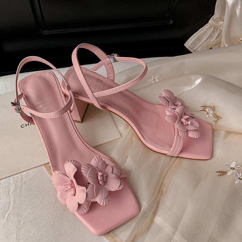 

French gentle and sweet fairy style flower high heels with skirt small fresh square head open toe thick heel sandals female 40