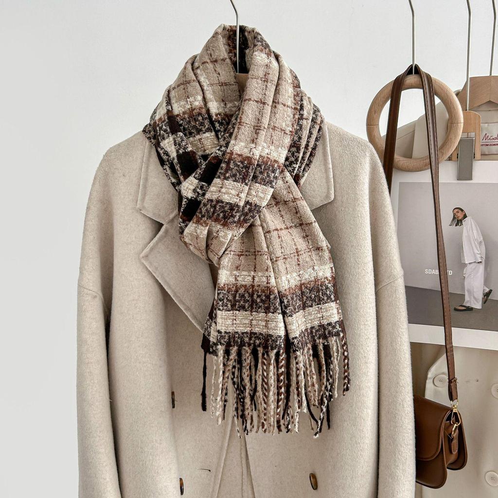 Women's Winter Plaid Imitation Cashmere Tassel Scarf, Thickened Korean Style Neck Warmer